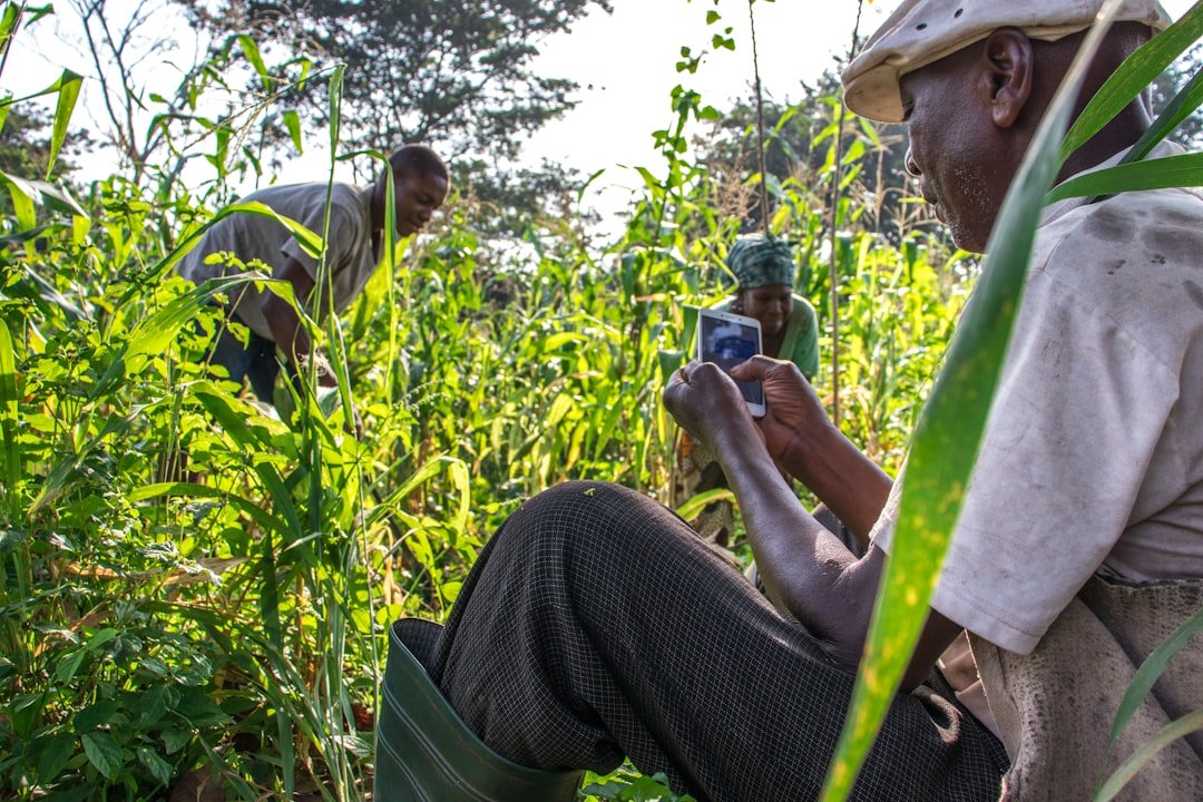 Young farmers using tablets and smartphones in the field, blending traditional agriculture with modern technology